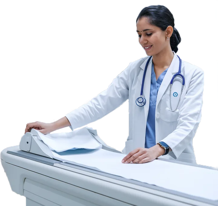 Medical staff preparing a scanner table before a scan